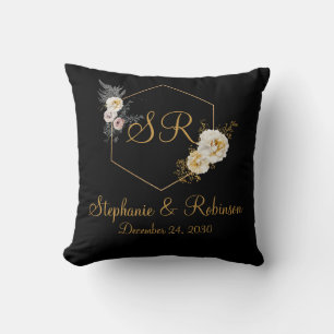 Gold Floral on Black Monogram Logo Hochzeitsgesche Kissen