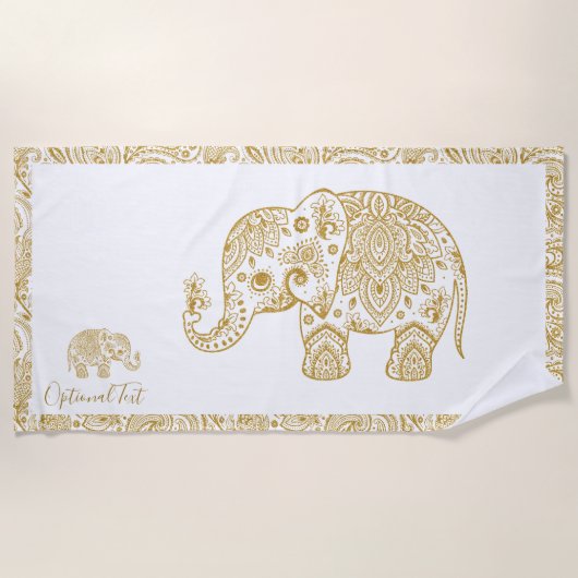 Gold Floral Paisley Elephant Illustration Strandtuch (Vorderseite)