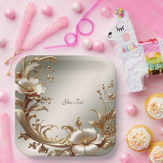 Gold Floral Paper Plate Pappteller (Party)