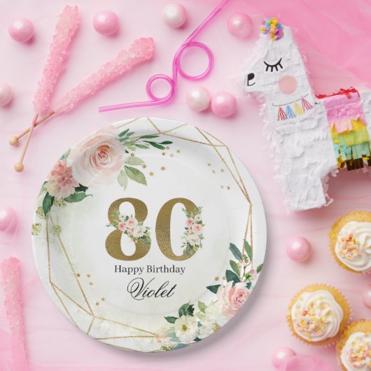 Gold & Floral Personalized Custom 80th Pappteller (Party)