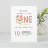 Gold Floral Pumpkin Turning 1 Geburtstag Einladung (Stehend Vorderseite)