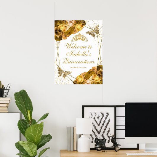 Gold Floral Quinceanera Begrüßungszeichen Poster (Heimbüro)