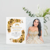 Gold Floral Quinceanera Birthday Foto Einladung (Stehend Vorderseite)