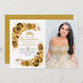 Gold Floral Quinceanera Birthday Foto Einladung (Vorne/Hinten)
