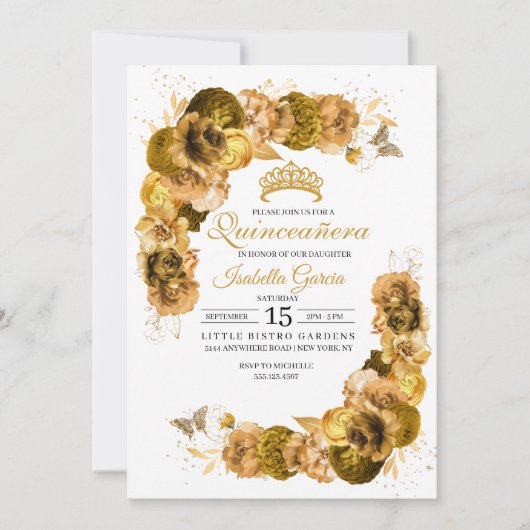 Gold Floral Quinceanera Geburtstag Einladung (Vorderseite)