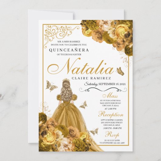 Gold Floral Quinceanera Geburtstag Einladung (Vorderseite)