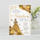 Gold Floral Quinceanera Geburtstag Einladung (Stehend Vorderseite)