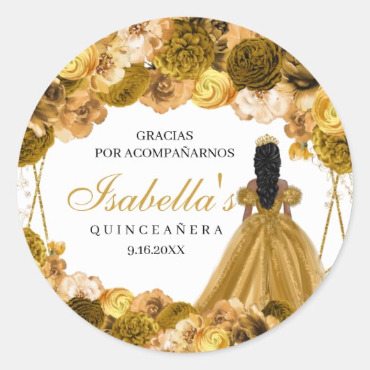 Gold Floral Quinceanera Round Stickers (Vorderseite)