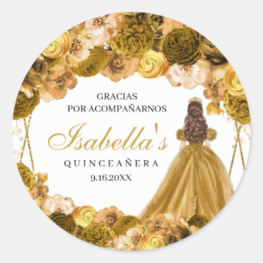 Gold Floral Quinceanera Round Stickers (Vorderseite)