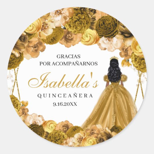 Gold Floral Quinceanera Round Stickers (Vorderseite)