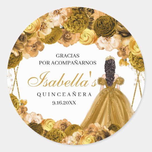 Gold Floral Quinceanera Round Stickers (Vorderseite)