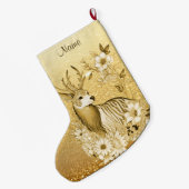 Gold Floral Reindeer Weihnachtsfest Strumpf Großer Weihnachtsstrumpf (Rückseite (Hängend))