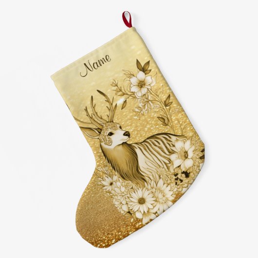 Gold Floral Reindeer Weihnachtsfest Strumpf Großer Weihnachtsstrumpf (Rückseite (Hängend))