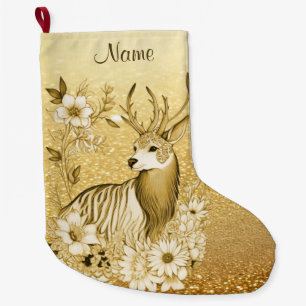 Gold Floral Reindeer Weihnachtsfest Strumpf Großer Weihnachtsstrumpf