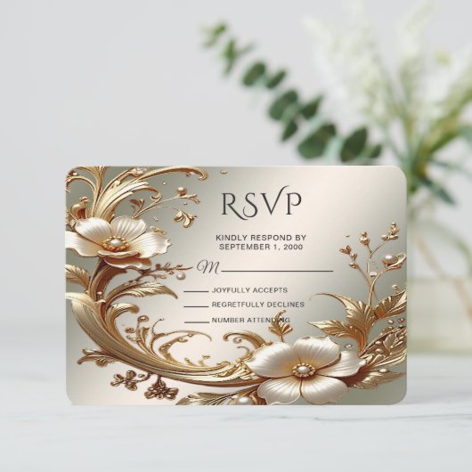 Gold Floral RSVP Card (Stehend Vorderseite)