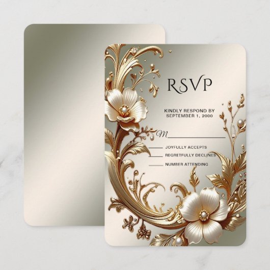 Gold Floral RSVP Card Karte (Vorne/Hinten)