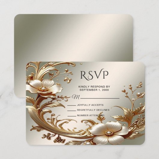 Gold Floral RSVP Card Karte (Vorne/Hinten)