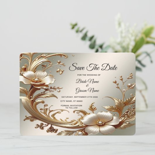 Gold Floral Save The Date (Stehend Vorderseite)