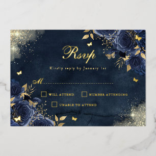 Gold Floral Sparkle Butterfly Navy Quinceanera Folieneinladung