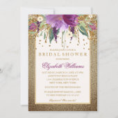 Gold Floral Sparkling Amethyst Brautparty Einladung (Vorderseite)
