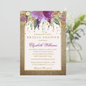 Gold Floral Sparkling Amethyst Brautparty Einladung (Stehend Vorderseite)