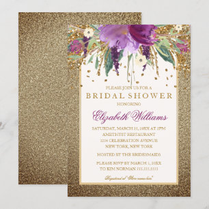 Gold Floral Sparkling Amethyst Brautparty Einladung