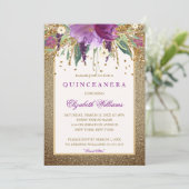 Gold Floral Sparkling Amethyst Quinceanera Einladu Einladung (Stehend Vorderseite)