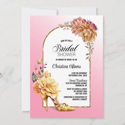 Gold Floral Stiletto Schuhpink Arch Brautparty Einladung (Vorderseite)