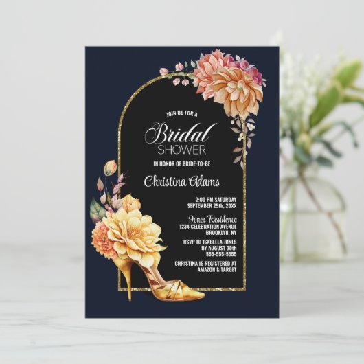 Gold Floral Stiletto Shoe Blue Arch Brautparty Einladung (Stehend Vorderseite)