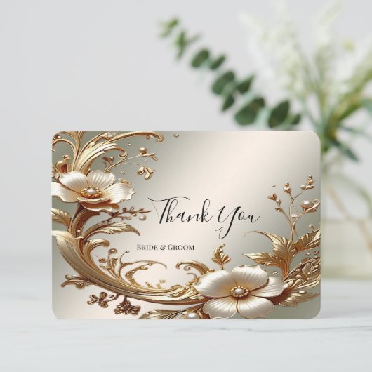 Gold Floral Thank You Card Dankeskarte (Stehend Vorderseite)