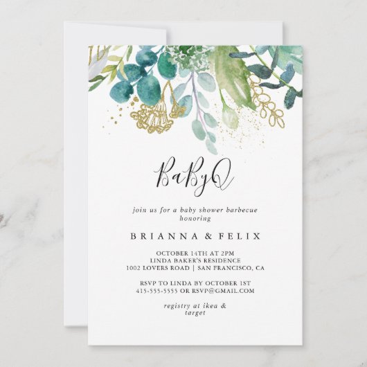 Gold Floral Tropical BabyQ Baby Shower Barbecue Einladung (Vorderseite)