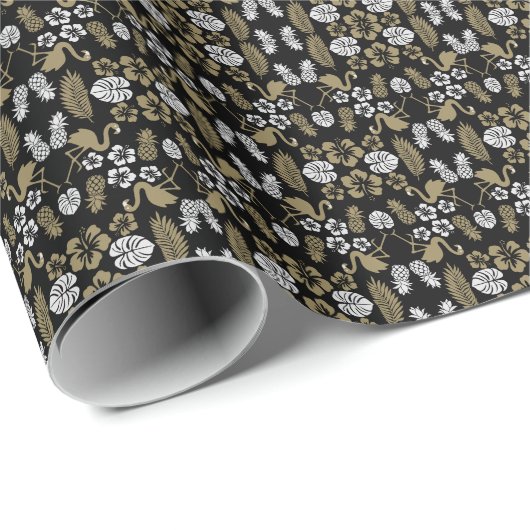 Gold Floral Tropical Gemustert Geschenkpapier (Rolleneckpunkt)