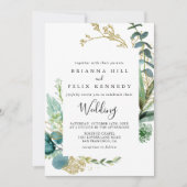 Gold Floral Tropical Greenerity Front & Back Weddi Einladung (Vorderseite)