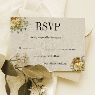 Gold Floral und Cream Damask Boho Wedding RSVP Karte