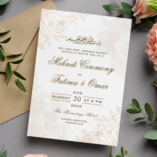 Gold Floral Verlasse islamische Mehndi-Zeremonie Einladung