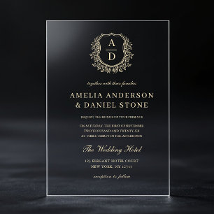 Gold Floral Wappen Monogram Wedding Elegant Acryleinladungen