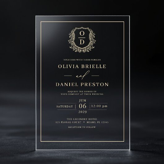 Gold Floral Wappen Monogram Wedding Elegant Acryleinladungen