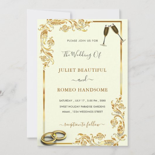 Gold Floral Wedding Einladung + Rings & Champagne (Vorderseite)