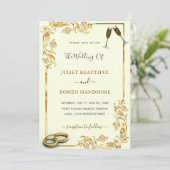 Gold Floral Wedding Einladung + Rings & Champagne (Stehend Vorderseite)