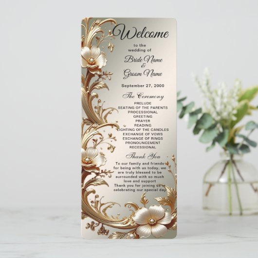 Gold Floral Wedding Program Programm (Stehend Vorderseite)