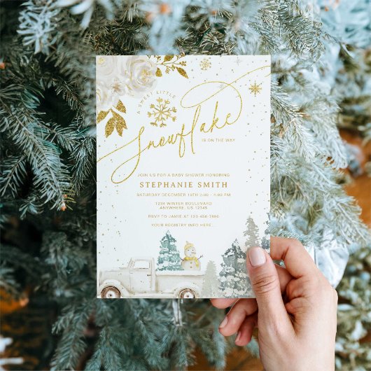 Gold Floral Winter Snowflake Babydusche Einladung