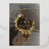 Gold Floral Wreath Monogram Foto Save the Date Folieneinladung (Vorderseite)