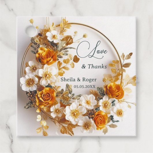 Gold Floral Wreath Vielen Dank für Ihre Hochzeit Geschenkanhänger (Vorderseite)