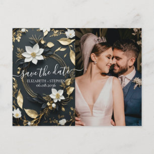 Gold Floral Wreath Wedding Foto Save the Date Ankündigungspostkarte