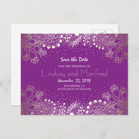 Gold Floral - Wunderland Save the Date Lila Ankündigungspostkarte (Vorne/Hinten)