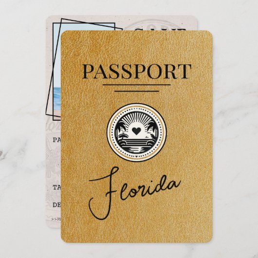 Gold Florida Passport Save the Date (Vorne/Hinten)
