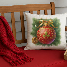 Gold Flourish Red Ornament & Pine Kissen