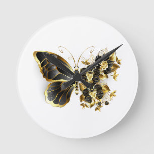 Gold Flower Butterfly with Black Orchid Runde Wanduhr
