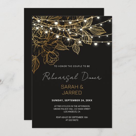 Gold Flowers String Lights Rehearsal Einladung (Vorne/Hinten)