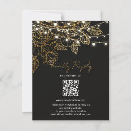 Gold Flowers String Lights Wedding RSVP Karte